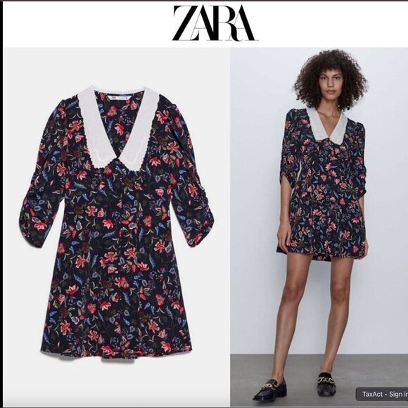 Zara Embroidered Collar Print Dress Size M NEW WITH TAG! - Picture 3 of 4